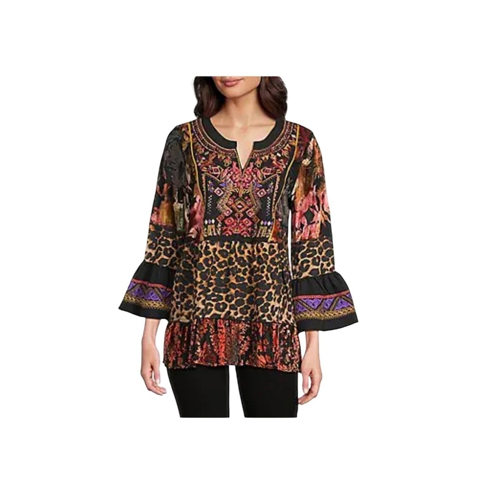 Calessa Womens 1X Tunic Blouse‎ Leopard Floral Velvet Burnout Embroidered Boho